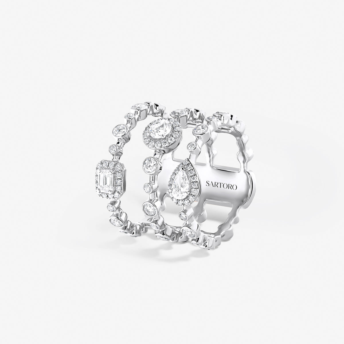 Trilogie Radiance Signature three row ring in white gold – Sartoro Genève